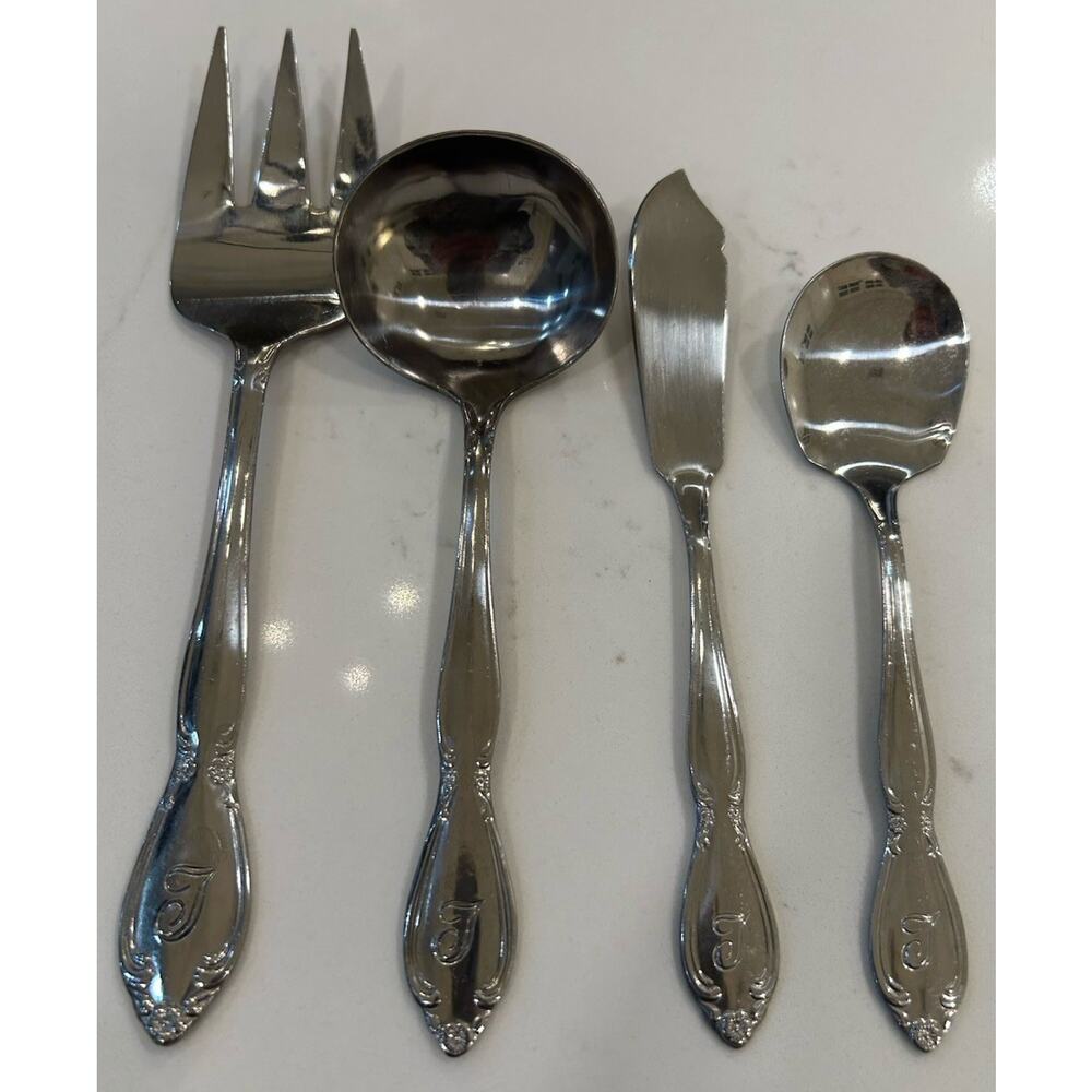 Vtg 4 Pc Serving Utensils “T” Monogram Custom Made Floral Stainless Flatware EUC